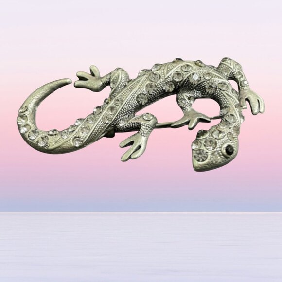 Vintage Silver Tone Rhinestone Lizard Brooch Pin 3 in, Gecko - Picture 1 of 11